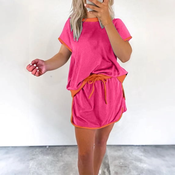 Women's 2 Piece Set, Drop Shoulder T-Shirt and Skort with Built-in Shorts, Color Block Casual Outfit, Athletic Skort Set for Summer Loungewear, Beach Vacation, Travel and Daily Wear-Hot Pink