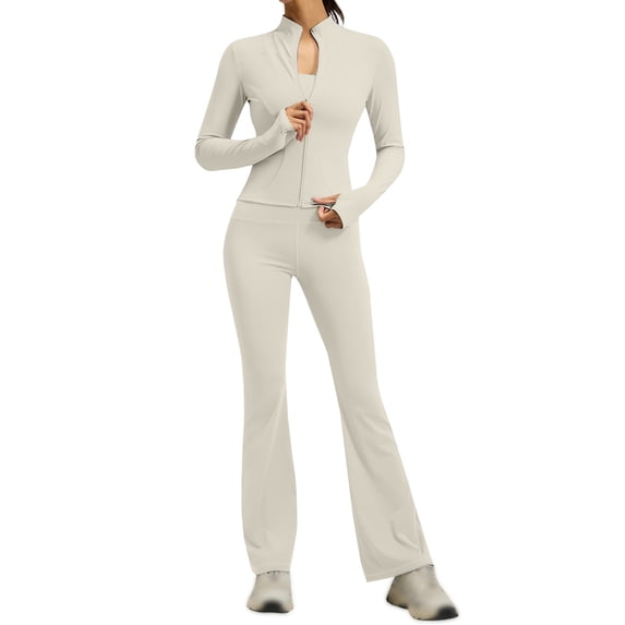 Women's 2 Piece Set Long Sleeve Jacket & Ankle Length Workout Flare Leggings Casual Matching Outfit Tracksuit Sweatsuit Athletic Gym Yoga Outfit L