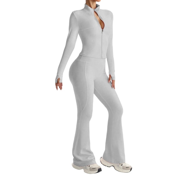 Women's 2 Piece Set Long Sleeve Jacket & Ankle Length Workout Flare Leggings Casual Matching Outfit Tracksuit Sweatsuit