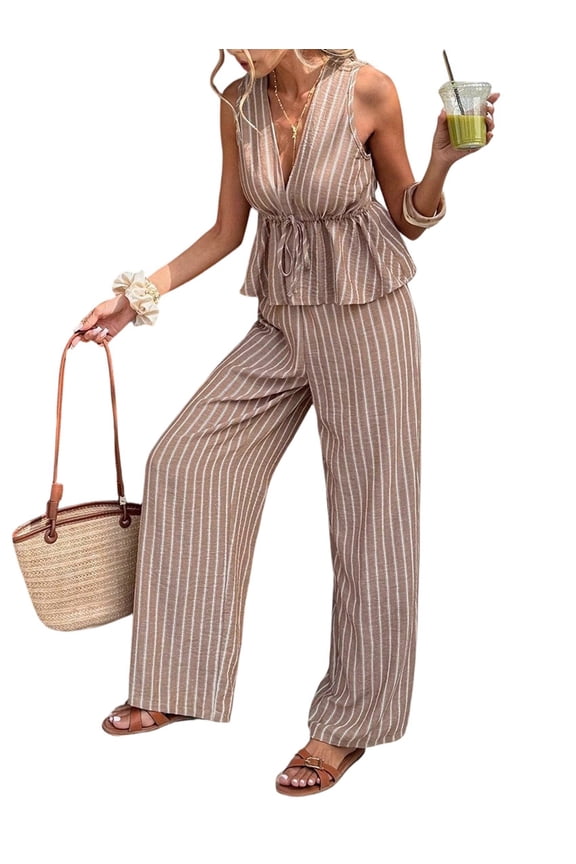 Women's 2 Piece Set Outfits Gingham Plaid Lace-Up Tank Tops Wide Leg Pants Matching Lounge Sets Brown S