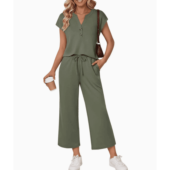 Women's 2 Piece Set Outfits Lounge Sets Short Sleeve Tops High Waisted Wide Leg Pants Sets