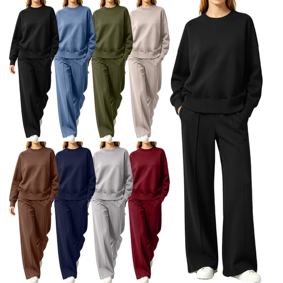 SYwaren Women's Sweatsuit 2 Piece Set Long Sleeve Crewneck Wide Leg Pants Loose Casual with Pockets