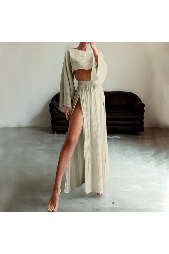 Women's 2 Piece Set, Off Shoulder Crop Top and High Waist Slit Maxi Skirt, Linen Blend Beach Cover Up Set, Two Piece Outfit Set for Vacation, Summer, Beach and Boho Chic Dress Set-Beige