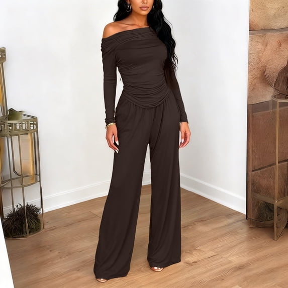 Women's 2 Piece Set, Off Shoulder Long Sleeve Top and Wide Leg Pants, Matching Lounge Sets for Women, Ruching Detail Loose Outfit for Casual Wear, Daily Outfits and Relaxation-Brown