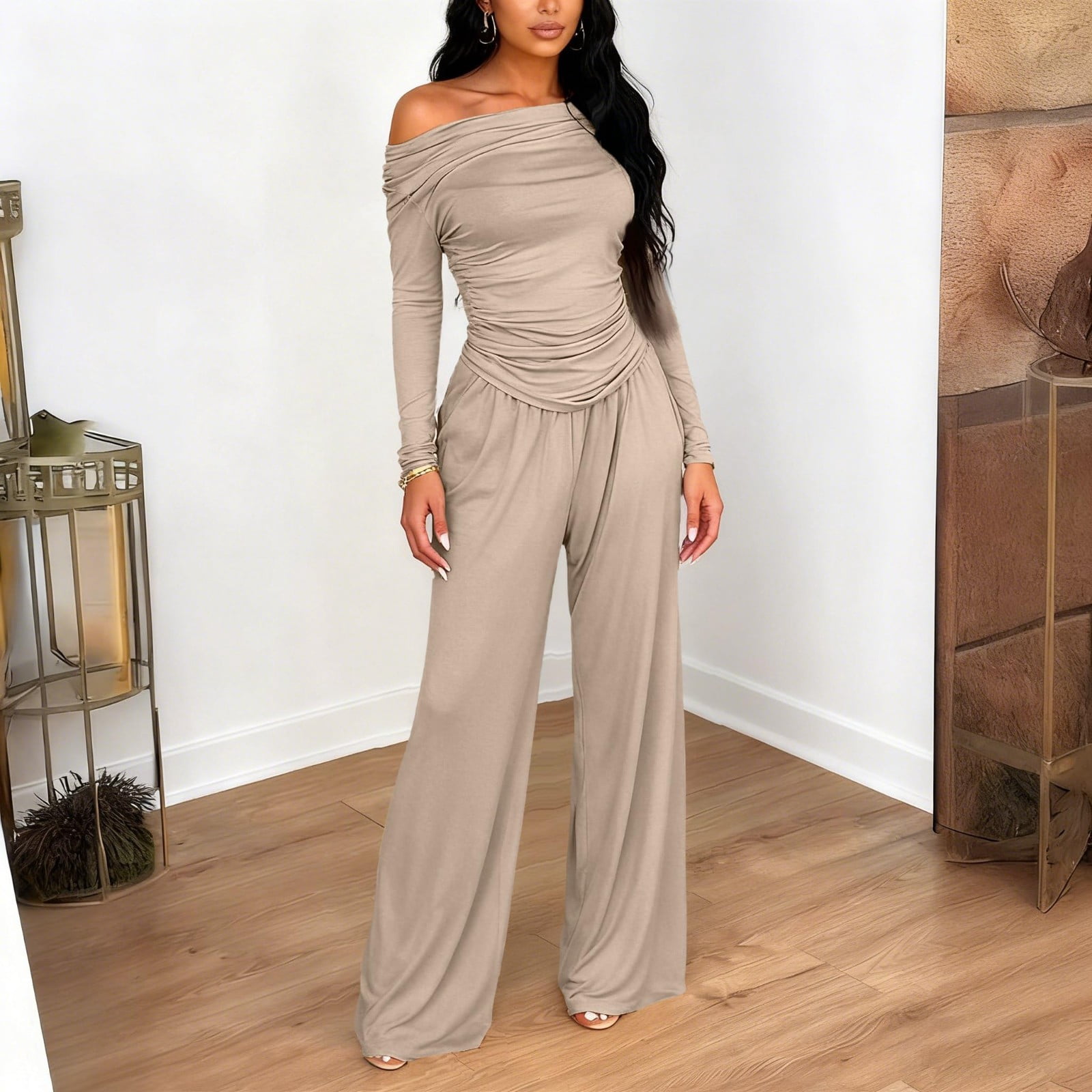 Women's 2 Piece Set, Off Shoulder Long Sleeve Top and Wide Leg Pants ...