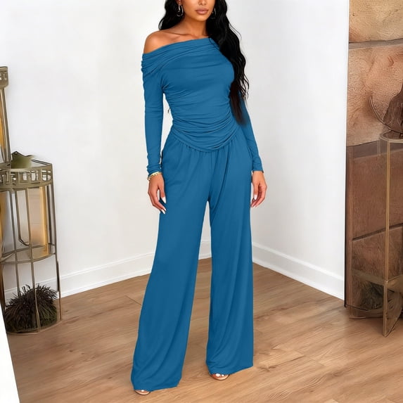 Women's 2 Piece Set, Off Shoulder Long Sleeve Top and Wide Leg Pants, Matching Lounge Sets for Women, Ruching Detail Loose Outfit for Casual Wear, Daily Outfits and Relaxation-Blue