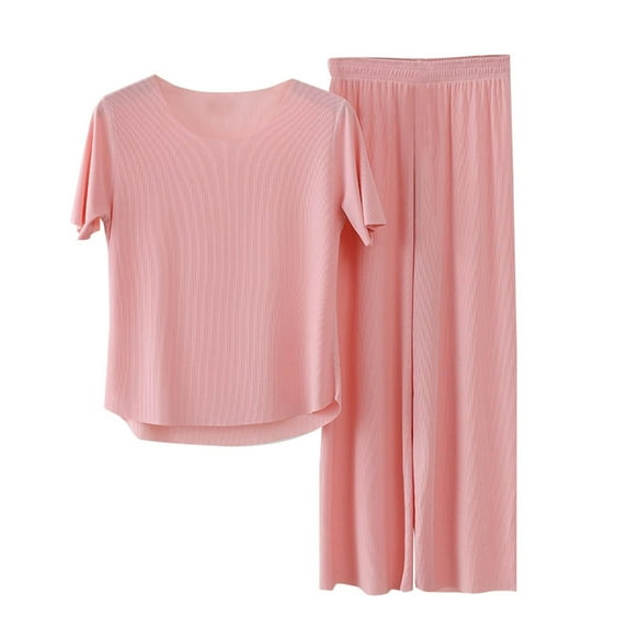 Women's 2-Piece Set Solid Color Casual Short Sleeve Pullover Top & Wide Leg Pants Lounge Set | Hontri | Womens 2 Piece Outfits Summer Casual Loose Short Sleeve Pullover Tops (Pink | 4XL)