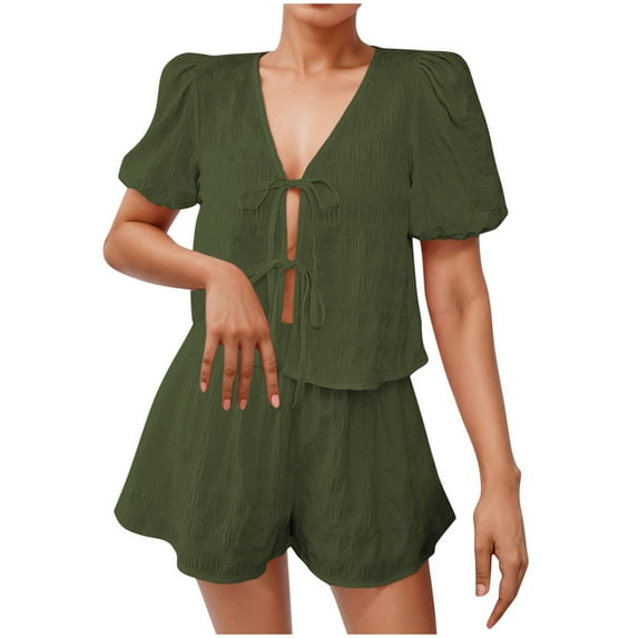 Women's 2 Piece Set Solid Summer Casual Tie Front Short Sleeve V Neck Crop Top Shorts Outfits Olive Green