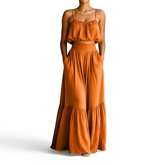 Women's 2 Piece Set Spaghetti Strap Crop Tank Top and High Waisted Tiered Ruffle Maxi Skirts Casual Summer Outfit for Beach Vacation Orange