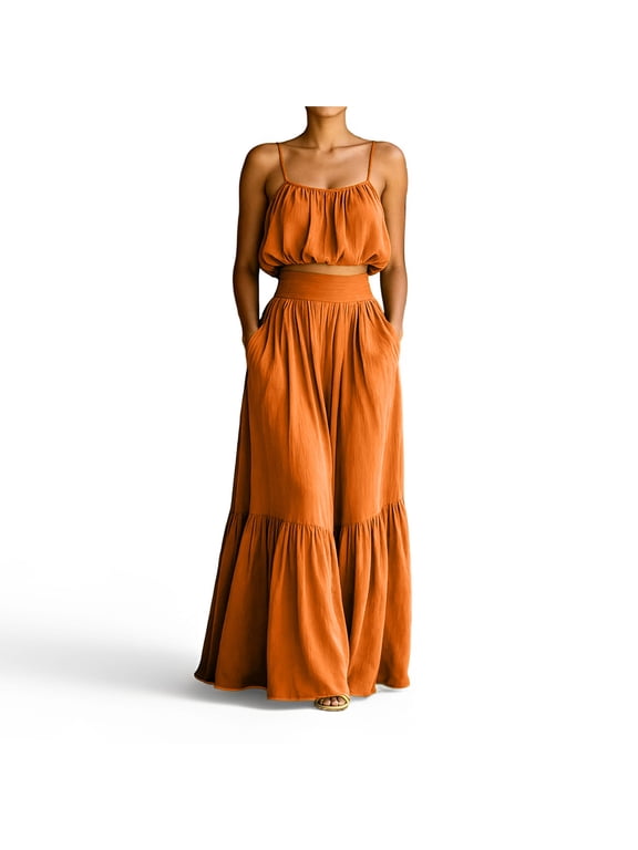 Women's 2 Piece Set Spaghetti Strap Crop Tank Top and High Waisted Tiered Ruffle Maxi Skirts Casual Summer Outfit for Beach Vacation Orange