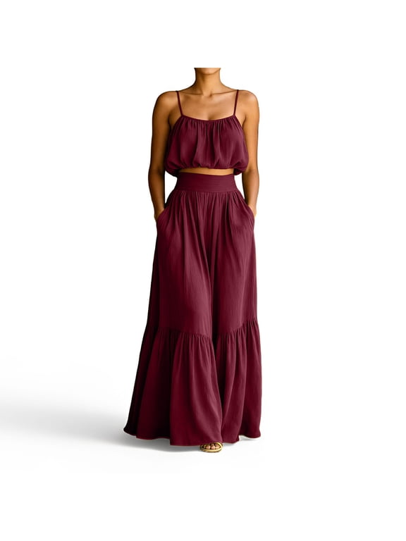 Women's 2 Piece Set Spaghetti Strap Crop Tank Top and High Waisted Tiered Ruffle Maxi Skirts Casual Summer Outfit for Beach Vacation Wine