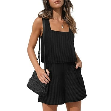 Women's Lounge Set 2-Piece Shorts Outfit Square Collar Vest Top Shirts High-Waisted Shorts with Pockets Loungewear Summer Black
