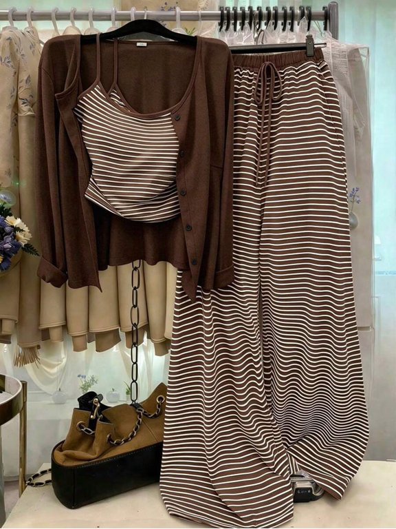 Women's 2-Piece Set Striped Cami Top Cardigan and Wide Leg Pants