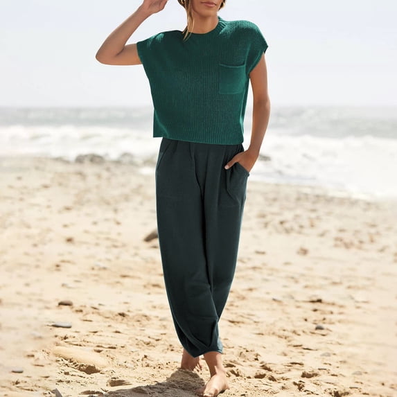 Women's 2 Piece Set, Summer Short Sleeve Top and Loose Fit Pants Outfit, Casual Cuffed Ankle Lounge Set, Matching Outfit Set for Women, Summer Lounge Set and Casual Wear-Green