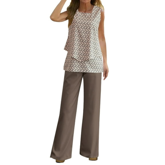 Women's 2 Piece Sets 2025 Spring Summer Outfits Sleeveless Print Wide Leg Pants Sweat Sets, Trendy Tracksuits, Made of Soft Knitted Fabric