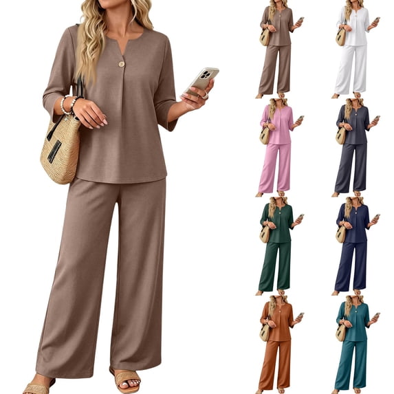 Women's 2 Piece Sets 3/4 Sleeve V Neck Tops & Wide Leg Pants Fall Lounge Set 2026 For Vacation & Daily Wear S