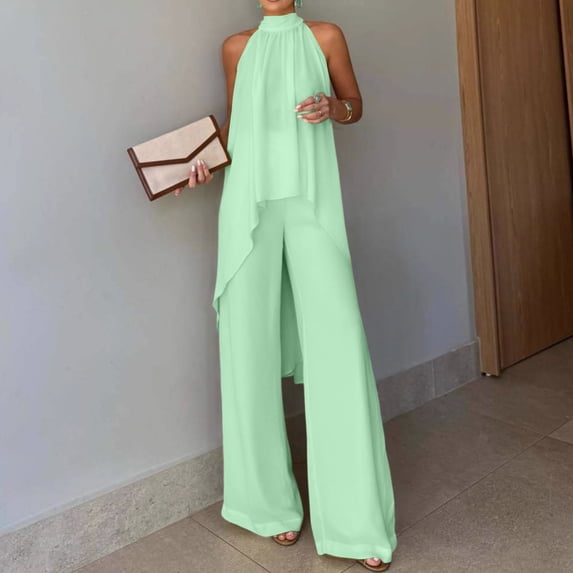 Women's 2 Piece Sets Asymmetric Sleeveless Crew Neck Tops and Wide Leg Palazzo Pants Beach Vacation Outfits, L