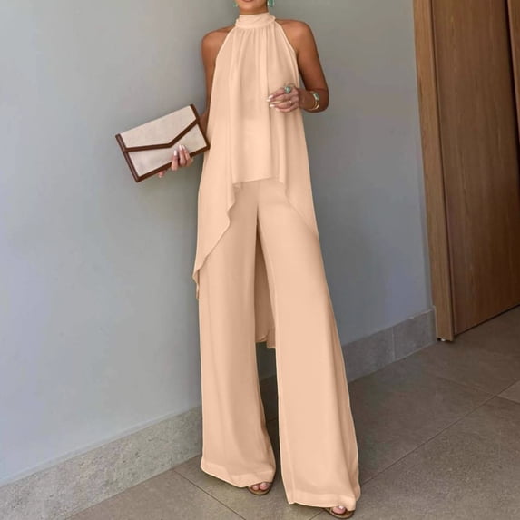 Women's 2 Piece Sets Asymmetric Sleeveless Crew Neck Tops and Wide Leg Palazzo Pants Beach Vacation Outfits, M