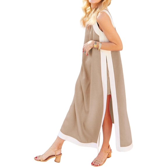 Women's 2 Piece Sets Boho Color Block Sleeveless Maxi Dress Matching Shorts with Pockets