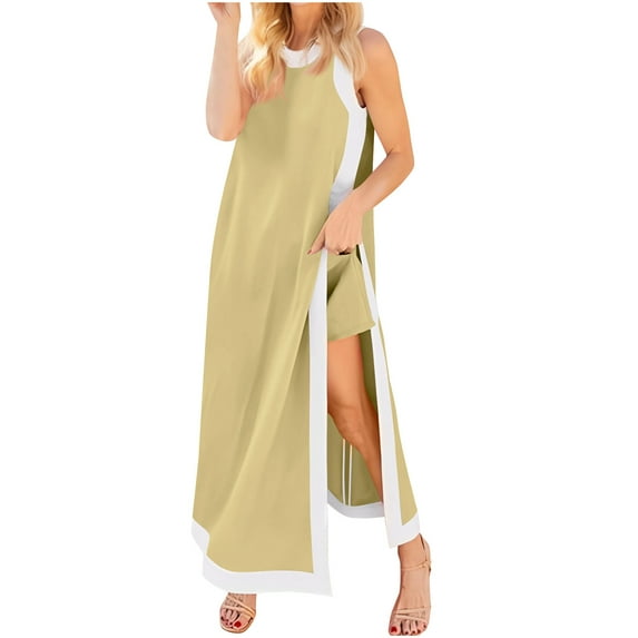 Women's 2 Piece Sets Boho Color Block Sleeveless Split Maxi Dress Matching Shorts Loose Lounge Set, XXL