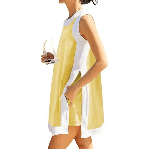 Women's 2 Piece Sets Casual Color Block Crewneck Sleeveless Pullover Tops Matching Shorts with Pockets