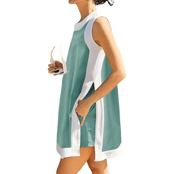 Women's 2 Piece Sets Casual Color Block Crewneck Sleeveless Pullover Tops Matching Shorts with Pockets