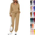 thumbnail image 1 of Women's 2 Piece Sets Fall Casual Outfits Drop Shoulder Full Zip Hooded Jacket Elastic Waist Sweatpants Daily Loungewear Suits Camel L, 1 of 6