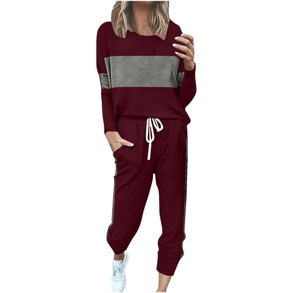 Women's 2 Piece Sets Fall Outfits New Women's Color Block 2 Piece Tracksuit Crewneck Long Sleeve Tops Long Sweatpants Outfits Lounge Sets Wine 3XL