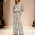 thumbnail image 1 of Women's 2 Piece Sets Fashion Linen Lounge Casual Solid Color Long Sleeve Button Down Shirts & Wide Leg Workout Gym Travel Vacation Pants Matching Sweatsuit with Pockets, 1 of 9