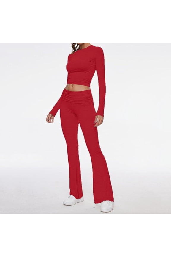 Women's 2 Piece Sets Fold Over Flare Pants Set Long Sleeve Cropped Top Casual Outfits Pajamas Paints Suit for Women Womens Dressy Suits Pants Suit for Women Elegant for Party Formal Dresses with Pants