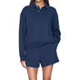 thumbnail image 1 of Women's 2 Piece Sets Long Sleeves Top Shorts Casual Trendy Outfits Navy Blue XXL, 1 of 9