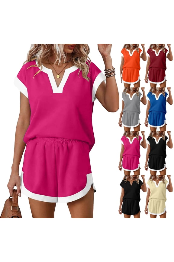 Women's 2 Piece Sets New 2 Piece Set for Women Summer Casual Set V-Neck Cap Sleeved Shorts Color Black Fashion 2 Piece Outfits