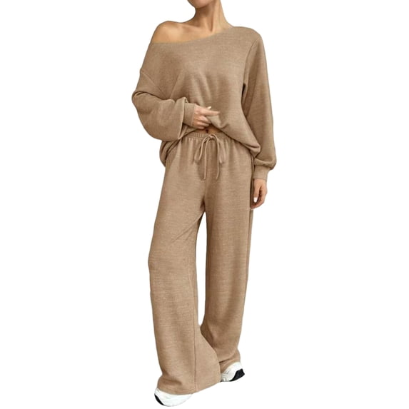 Domzest Women's 2 Piece Sets Off the Shoulder Long Sleeve Loose T Shirt & Elastic Drawstring High WaistWide Leg Pants Fall Casual Comfy Outfits Camel L