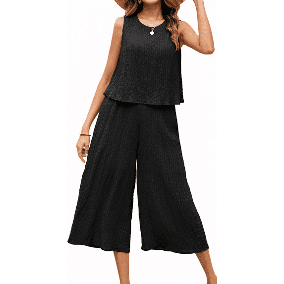 MLDRA Women's Capri Lounge Sets 2-Piece Beach Summer Vacation Travel Going Out Outfit Sleeveless Crop Tank Top Wide-Leg Dressy Palazzo Crop Pants Suit Black