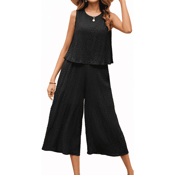 MLDRA Women's Capri Lounge Sets 2-Piece Beach Summer Vacation Travel Going Out Outfit Sleeveless Crop Tank Top Wide-Leg Dressy Palazzo Crop Pants Suit Black