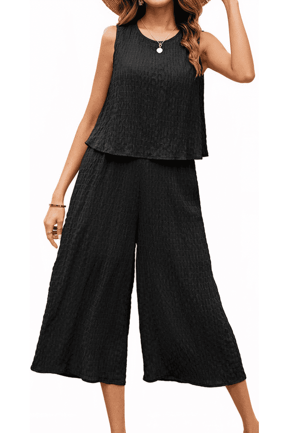 Women's Capri Lounge Sets 2-Piece Beach Summer Vacation Travel Going Out Outfit Sleeveless Crop Tank Top Wide-Leg Dressy Palazzo Crop Pants Suit Black