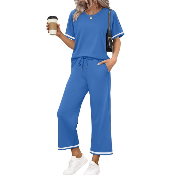 Women's 2 Piece Sets Summer Casual Short Sleeve Tops Wide Leg Pants Matching Lounge Set Vacation Travel Outfits Blue 2XL