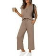thumbnail image 1 of Women's 2 Piece Sets Summer Casual Short Sleeve Tops Wide Leg Pants Matching Lounge Set Vacation Travel Outfits Khaki L, 1 of 7