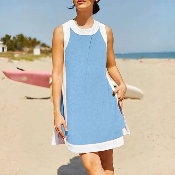 Women's 2 Piece Sets Summer Fashion Color Block Outfits Casual Crewneck Sleeveless Tank Top and Shorts with Pockets Sky Blue M
