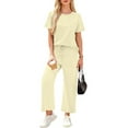thumbnail image 1 of 2 Piece Sets for Women Casual Summer Travel Vacation Outfits Short Sleeve Wide Leg Crop Pants Lounge Sets Beige S, 1 of 2