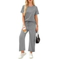 thumbnail image 1 of Women's 2 Piece Sets Summer Lounge Travel Outfits Short Sleeve Tops Wide Leg Airport Casual Trendy Sweatsuits Gray L, 1 of 2