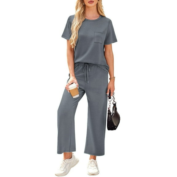 2 Piece Sets for Women Casual Summer Travel Vacation Outfits Short Sleeve Wide Leg Crop Pants Lounge Sets Navy M