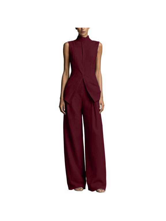 Women's 2 Piece Sets Summer Work Clothes Mock Neck Sleeveless Blazer Vest Pants Suits Spring Business Casual Outfits Wine M(M)