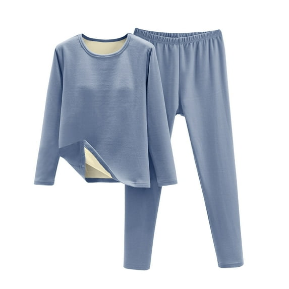 Women's 2 Piece Sets Winter Thick Thermal Fleece Lined Solid Pajamas Sets Long Sleeve Tops with Stretchy Pj Legging(Sky Blue,L)