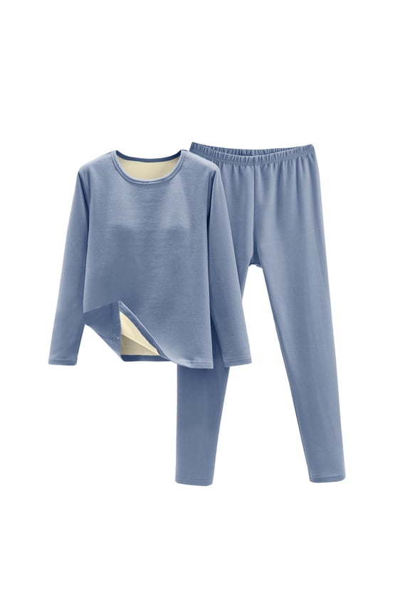 Women's 2 Piece Sets Winter Thick Thermal Fleece Lined Solid Pajamas Sets Long Sleeve Tops with Stretchy Pj Legging(Sky Blue,XL)