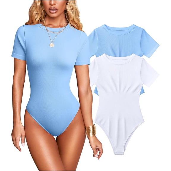 Women's 2 Piece Sexy Bodysuits Short Sleeve Ribbed Bodycon Bodysuits
