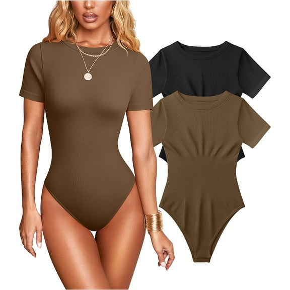 Women's 2 Piece Sexy Bodysuits Short Sleeve Ribbed Bodycon Bodysuits