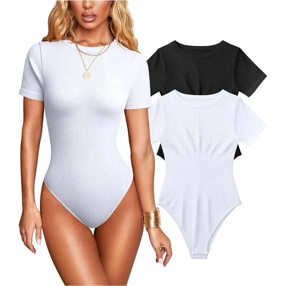 Women's 2 Piece Sexy Bodysuits Short Sleeve Ribbed Bodycon Bodysuits