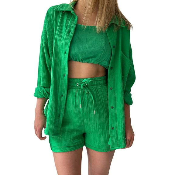 Women's 2-Piece Shirt & Shorts Set - Long Sleeve Collared Top with High Waist Drawstring Shorts, Solid Color, All-Season Casual Wear