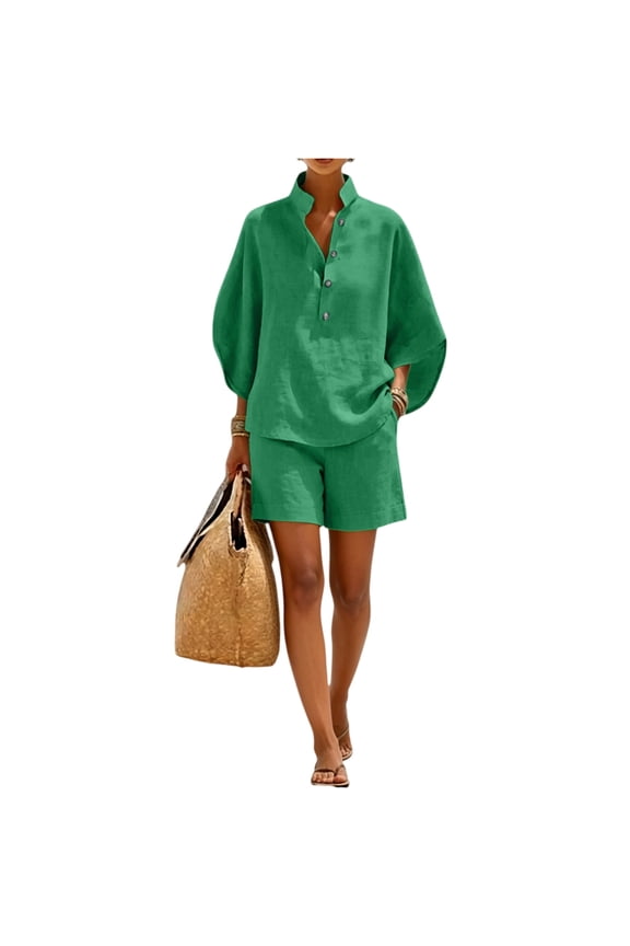Women's 2 Piece Short Sets Linen Batwing Sleeve V Neck Matching Short Suit Summer Casual Oversized Outfits,Green,M
